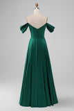 A Line Off The Shoulder Pleated Satin Long Dark Green Bridesmaid Dress