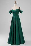 Dark Green A-Line Off The Shoulder Pleated Satin Long Bridesmaid Dress