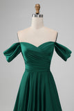 Dark Green A-Line Off The Shoulder Pleated Satin Long Bridesmaid Dress