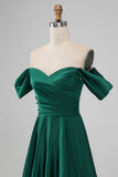 Dark Green A-Line Off The Shoulder Pleated Satin Long Bridesmaid Dress