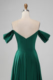 Dark Green A-Line Off The Shoulder Pleated Satin Long Bridesmaid Dress