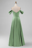 A Line Off The Shoulder Pleated Satin Long Dark Green Bridesmaid Dress