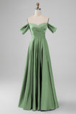 Dark Green A-Line Off The Shoulder Pleated Satin Long Bridesmaid Dress