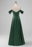 A Line Off The Shoulder Pleated Satin Long Dark Green Bridesmaid Dress