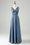 Ink Blue A Line V Neck Cut Out Pleated Satin Long Bridesmaid Dress