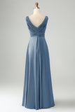 Ink Blue A Line V Neck Cut Out Pleated Satin Long Bridesmaid Dress