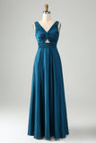 Ink Blue A Line V Neck Cut Out Pleated Satin Long Bridesmaid Dress