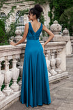 Ink Blue A Line V Neck Cut Out Pleated Satin Wedding Party Guest Dress