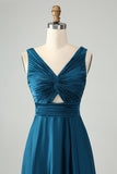 Ink Blue A Line V Neck Cut Out Pleated Satin Long Bridesmaid Dress