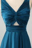 Ink Blue A Line V Neck Cut Out Pleated Satin Long Bridesmaid Dress