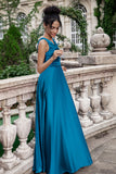 Ink Blue A Line V Neck Cut Out Pleated Satin Wedding Party Guest Dress