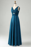 Ink Blue A Line V Neck Cut Out Pleated Satin Long Bridesmaid Dress