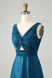 Ink Blue A Line V Neck Cut Out Pleated Satin Long Bridesmaid Dress