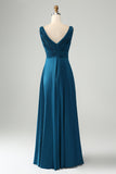 Ink Blue A Line V Neck Cut Out Pleated Satin Long Bridesmaid Dress