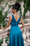 Ink Blue A Line V Neck Cut Out Pleated Satin Wedding Party Guest Dress