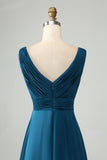 Ink Blue A Line V Neck Cut Out Pleated Satin Long Bridesmaid Dress