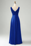 Ink Blue A Line V Neck Cut Out Pleated Satin Long Bridesmaid Dress