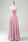 Dark Green A Line Sweetheart Satin Cut Out Pleated Long Bridesmaid Dress