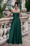 Dark Green A Line Sweetheart Satin Cut Out Pleated Long Wedding Party Guest Dress