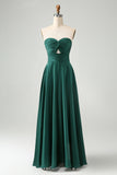 Dark Green A Line Sweetheart Satin Cut Out Pleated Long Bridesmaid Dress