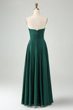 Dark Green A Line Sweetheart Satin Cut Out Pleated Long Bridesmaid Dress