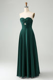 Dark Green A Line Sweetheart Satin Cut Out Pleated Long Bridesmaid Dress