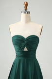 Dark Green A Line Sweetheart Satin Cut Out Pleated Long Bridesmaid Dress