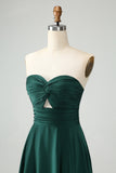 Dark Green A Line Sweetheart Satin Cut Out Pleated Long Bridesmaid Dress