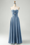 Dark Green A Line Sweetheart Satin Cut Out Pleated Long Bridesmaid Dress