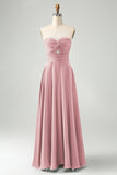 Dark Green A Line Sweetheart Satin Cut Out Pleated Long Bridesmaid Dress