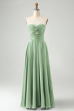 Dark Green A Line Sweetheart Satin Cut Out Pleated Long Wedding Party Guest Dress