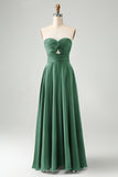 Dark Green A Line Sweetheart Satin Cut Out Pleated Long Wedding Party Guest Dress