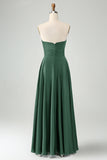 Dark Green A Line Sweetheart Satin Cut Out Pleated Long Wedding Party Guest Dress