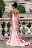 Blush Mermaid Spaghetti Straps Beaded Lace Up Back Satin Prom Dress with Slit