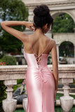 Blush Mermaid Spaghetti Straps Beaded Lace Up Back Satin Prom Dress with Slit