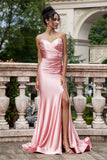 Blush Mermaid Spaghetti Straps Beaded Lace Up Back Satin Prom Dress with Slit