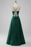 Green A-Line Spaghetti Straps Long Bridesmaid Dress with Lace-up Back