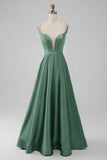 Green A-Line Spaghetti Straps Long Bridesmaid Dress with Lace-up Back