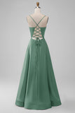 Green A-Line Spaghetti Straps Long Bridesmaid Dress with Lace-up Back