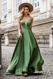 Green A Line Spaghetti Straps Lace-up Back Long Bridesmaid Dress