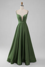 Green A-Line Spaghetti Straps Long Bridesmaid Dress with Lace-up Back