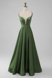 Green A-Line Spaghetti Straps Long Bridesmaid Dress with Lace-up Back