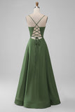 Green A-Line Spaghetti Straps Long Bridesmaid Dress with Lace-up Back