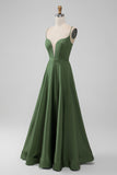 Green A-Line Spaghetti Straps Long Bridesmaid Dress with Lace-up Back