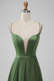 Green A-Line Spaghetti Straps Long Bridesmaid Dress with Lace-up Back