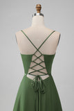 Green A-Line Spaghetti Straps Long Bridesmaid Dress with Lace-up Back