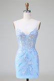 Sparkly Lilac Blue Bodycon Spaghetti Straps Corset Short Homecoming Dress with Sequins