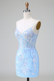 Sparkly Lilac Blue Bodycon Spaghetti Straps Corset Short Homecoming Dress with Sequins