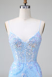 Sparkly Lilac Blue Bodycon Spaghetti Straps Corset Short Homecoming Dress with Sequins