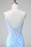 Sparkly Blue Bodycon Spaghetti Straps Corset Short Homecoming Dress with Sequins